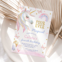 Púrpura Rosa Unicornio Cuatro cumpleaños mágicos