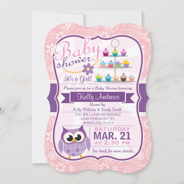 Invitación Púrpura rosa y lavanda; Baby Shower de búho (Anverso)