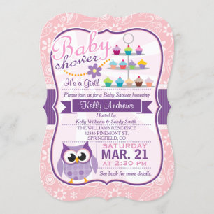 Invitación Púrpura rosa y lavanda; Baby Shower de búho