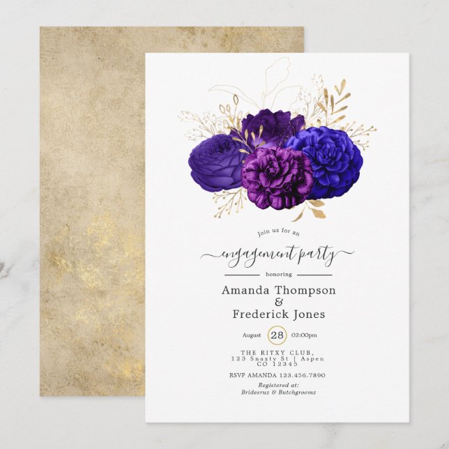 Invitación Púrpura, Royal Blue & Gold Floral Engagement Party (Anverso / Reverso)