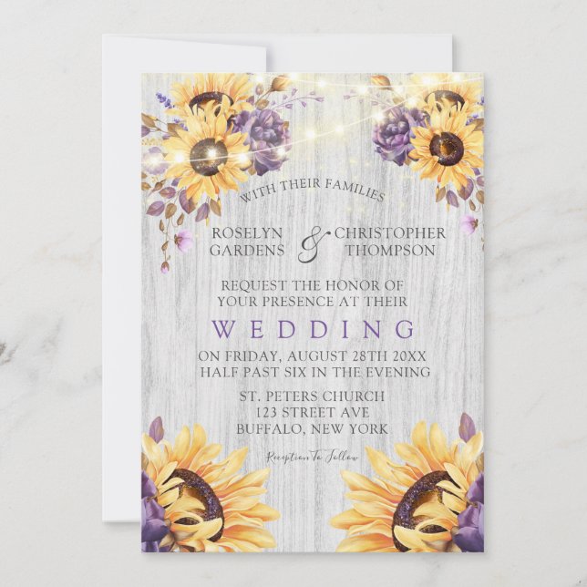 Invitación Púrpura Rustic Peony Sunflowers Boda (Anverso)
