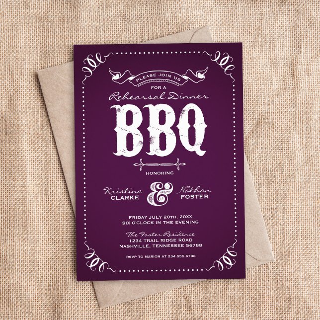 Invitación Púrpura Rústica Cena BBQ (Subido por el creador)