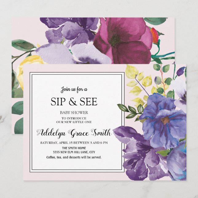 Invitación Púrpura Sip Floral Rosa Amarilla Ver Baby Shower (Anverso / Reverso)