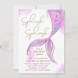 Invitación Púrpura Sirena Esplash Chica Cumpleaños