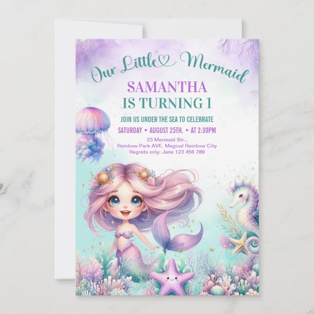Invitación Púrpura sirena lindo chica de primer cumpleaños ac (Anverso)
