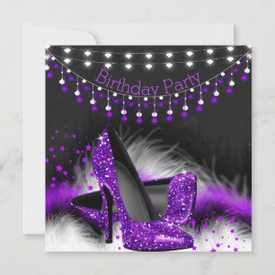 Invitación Púrpura Stars High Heels Birthday Chalkboard Luces