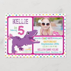 Invitación Púrpura T-Rex Dinosaur Polka Dot Cumpleaños