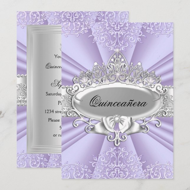 Invitación Púrpura Tiara y Damask Quinceanera tamaño pequeño (Anverso / Reverso)