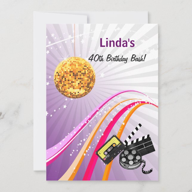 Invitación púrpura totalmente de fiesta retro de los años 80  (Anverso)