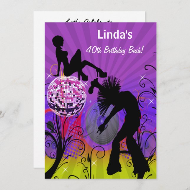 Invitación púrpura totalmente de fiesta retro de los años 80  (Anverso / Reverso)