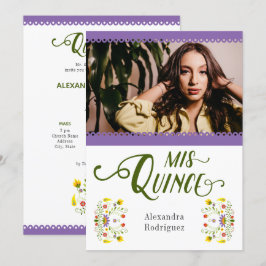 Invitación Púrpura Tradicional México Floral Foto Quinceanera