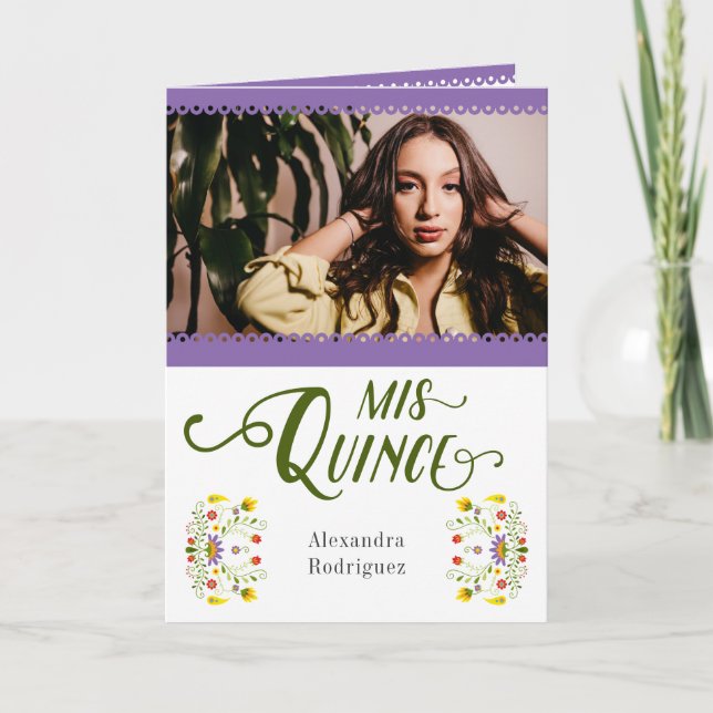 Invitación Púrpura Tradicional México Floral Foto Quinceanera (Anverso)