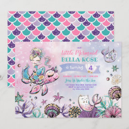 Invitación Púrpura turquesa rosa de sirena Fiesta cumpleaños