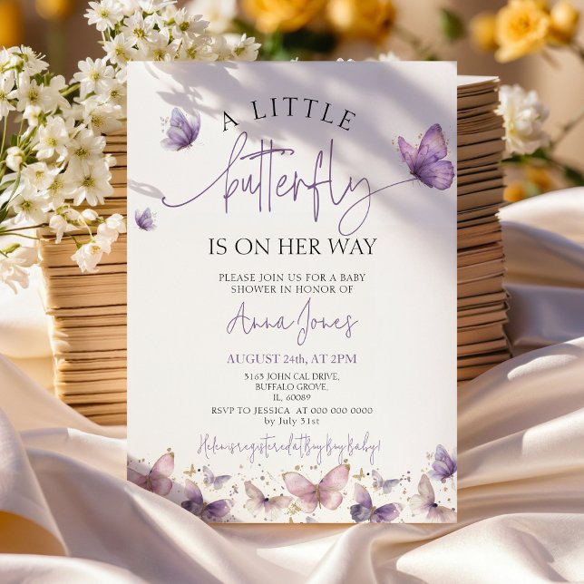 Invitación Púrpura Una mariposa bebé está en camino de duchar (Subido por el creador)