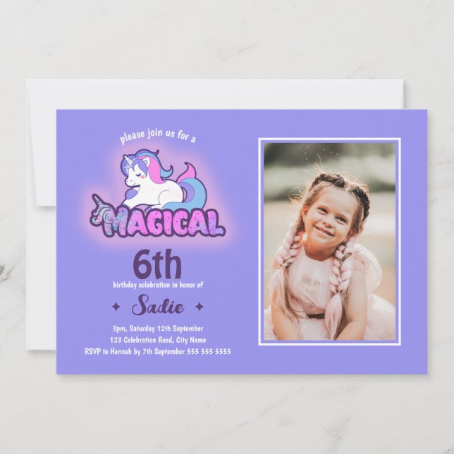 Invitación Púrpura Unicornio mágico Cualquier edad Foto de cu (Anverso)