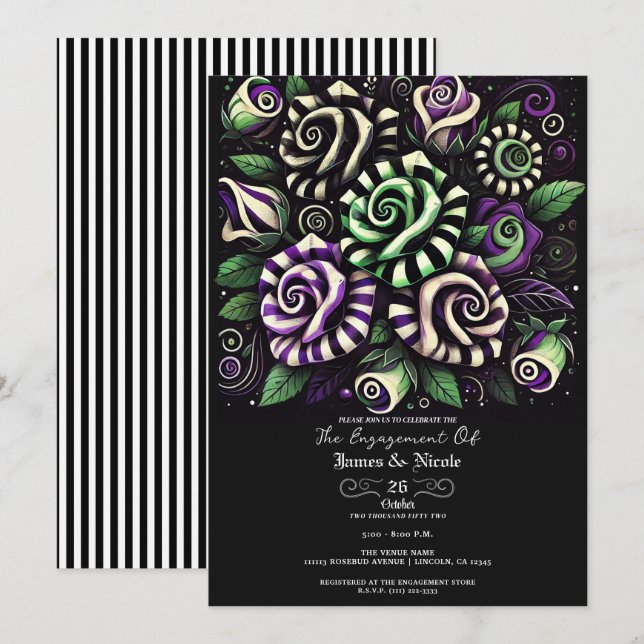 Invitación Púrpura Verde Raya Floral Halloween Compromiso  (Anverso / Reverso)