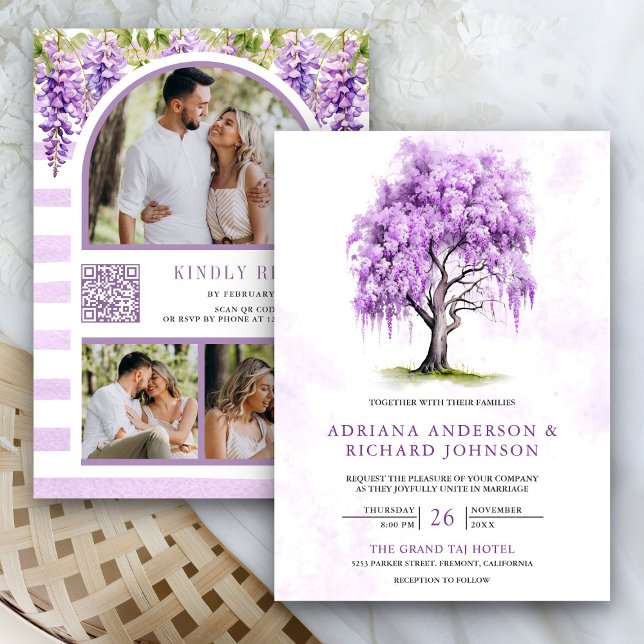Invitación Púrpura Wisteria Árbol Floral Foto Boda de código  (Subido por el creador)