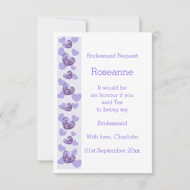 Invitación Púrpura Wisteria Heart Design Bridesmaid Request (Anverso)