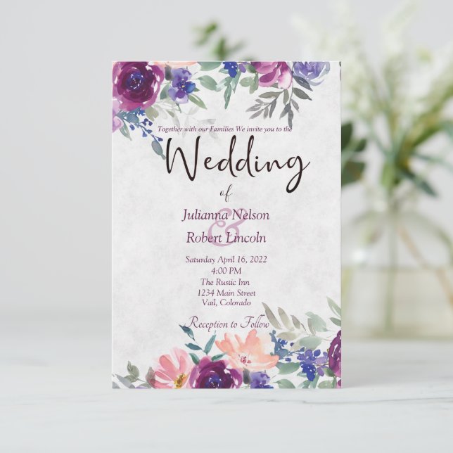 Invitación Púrpura y acuarela naranja boda florido (Anverso de pie)