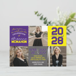 Invitación Púrpura y amarillo Chalkboard 3 Graduación de foto
