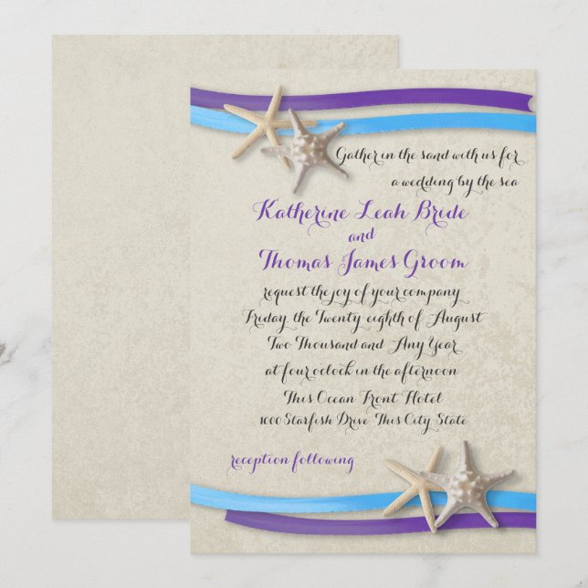Invitación Púrpura y azul Boda Starfish and Ribbon (Anverso / Reverso)