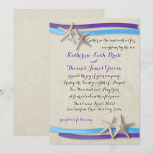 Invitación Púrpura y azul Boda Starfish and Ribbon