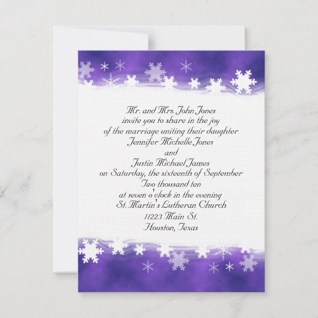 Invitación púrpura y blanca de la boda del copo de (Anverso)