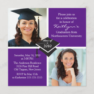 Invitación púrpura y blanca de la graduación de la