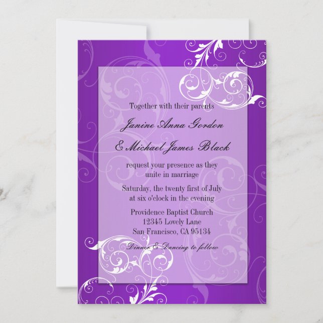 Invitación púrpura y blanca del boda (Anverso)