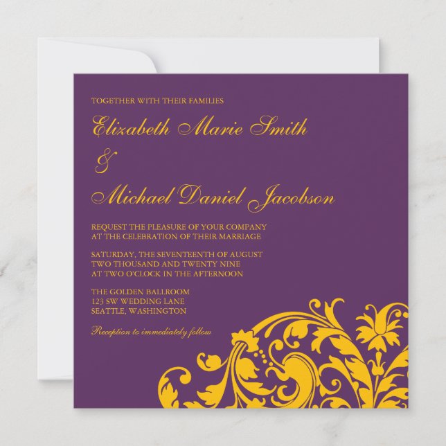 Invitación Púrpura y boda del remolino del Flourish del oro (Anverso)
