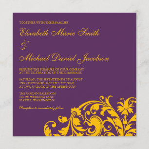 Invitación Púrpura y boda del remolino del Flourish del oro