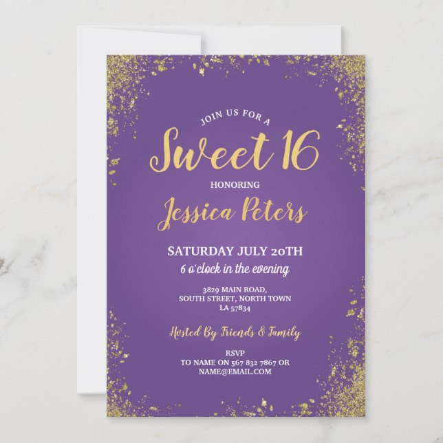 Invitación Púrpura y cumpleaños elegante del fiesta del dulce (Anverso)