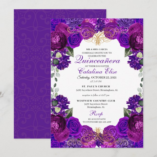 Invitación Púrpura y dorada Floral Quinceanera Cumpleaños (Anverso / Reverso)
