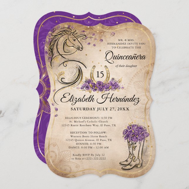 Invitación Púrpura y dorada Quinceañera Rústico de Caballo Cu (Anverso / Reverso)