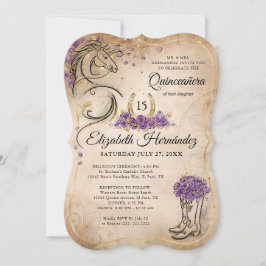 Invitación Púrpura y dorada Quinceañera Rústico de Caballo Cu