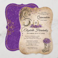 Púrpura y dorada Quinceañera Rústico de Caballo Cu