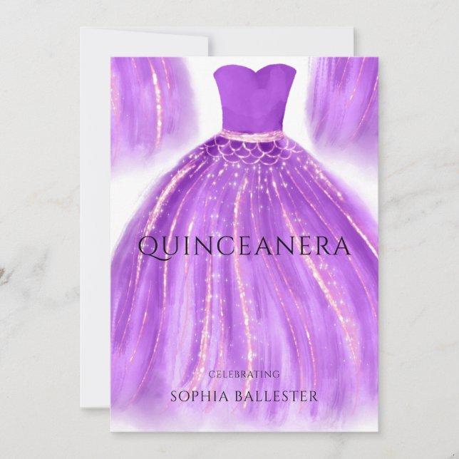 Invitación Púrpura y dorada Quinceanera Sirena vestido Fiesta (Anverso)