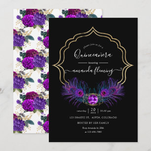 Invitación Púrpura y dorada Vintage Peacock Floral Quinceañer