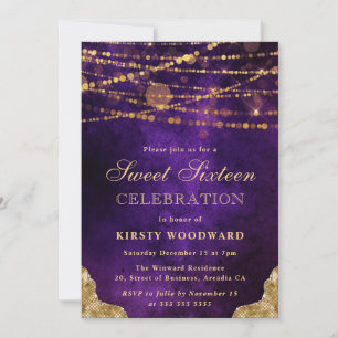 Invitación Púrpura y dorado Bokeh Sweet Sixteen