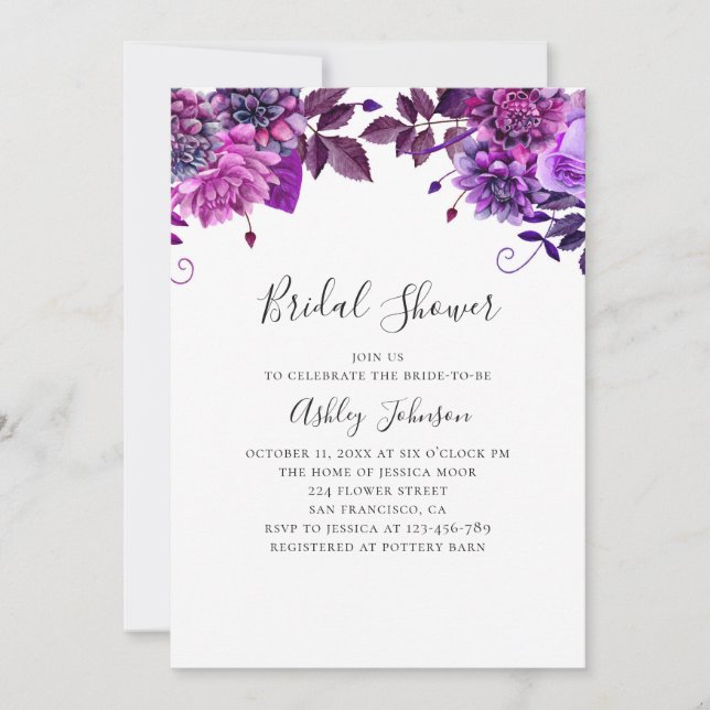 Invitación Púrpura y ducha de novia floral lilaca (Anverso)