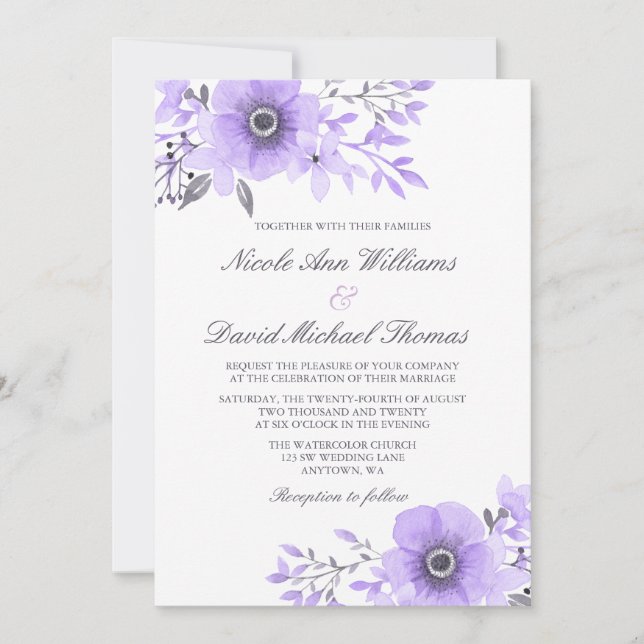 Invitación Púrpura y gris acuarela Anemone Boda (Anverso)