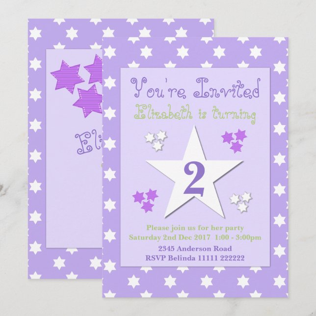 Invitación Púrpura y laca con fiesta de cumpleaños de estrell (Anverso / Reverso)