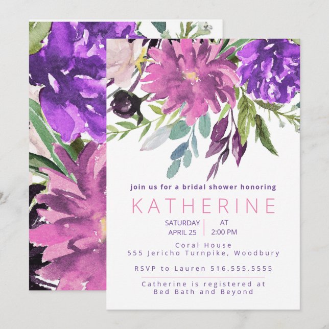 Invitación Púrpura y malva acuática Ducha de novia floral (Anverso / Reverso)
