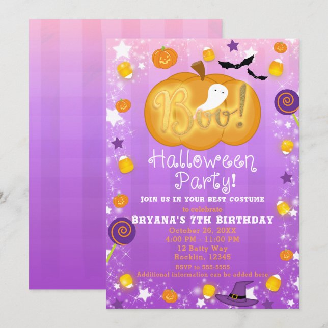 Invitación Púrpura y Naranja Diversión de Halloween (Anverso / Reverso)