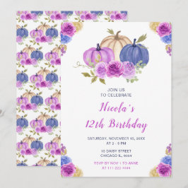 Invitación Púrpura y Nave Calabazas Florales Azules Cumpleaño