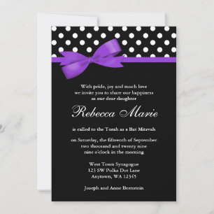Invitación Púrpura y negra puntos de Polka Top Bow Bat Mitzva