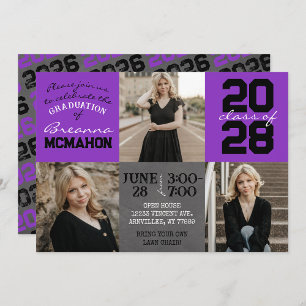 Invitación Púrpura y negro Cartón 3 Graduación de fotos