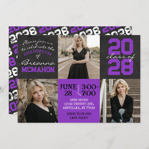 Invitación Púrpura y negro Cartón 3 Graduación de fotos