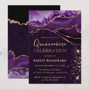 Invitación Púrpura y Oro Agata Brillante Quinceañera