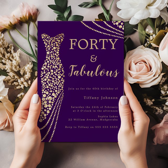 Invitación Púrpura y oro Cuarenta y Fab 40 cumpleaños (Subido por el creador)